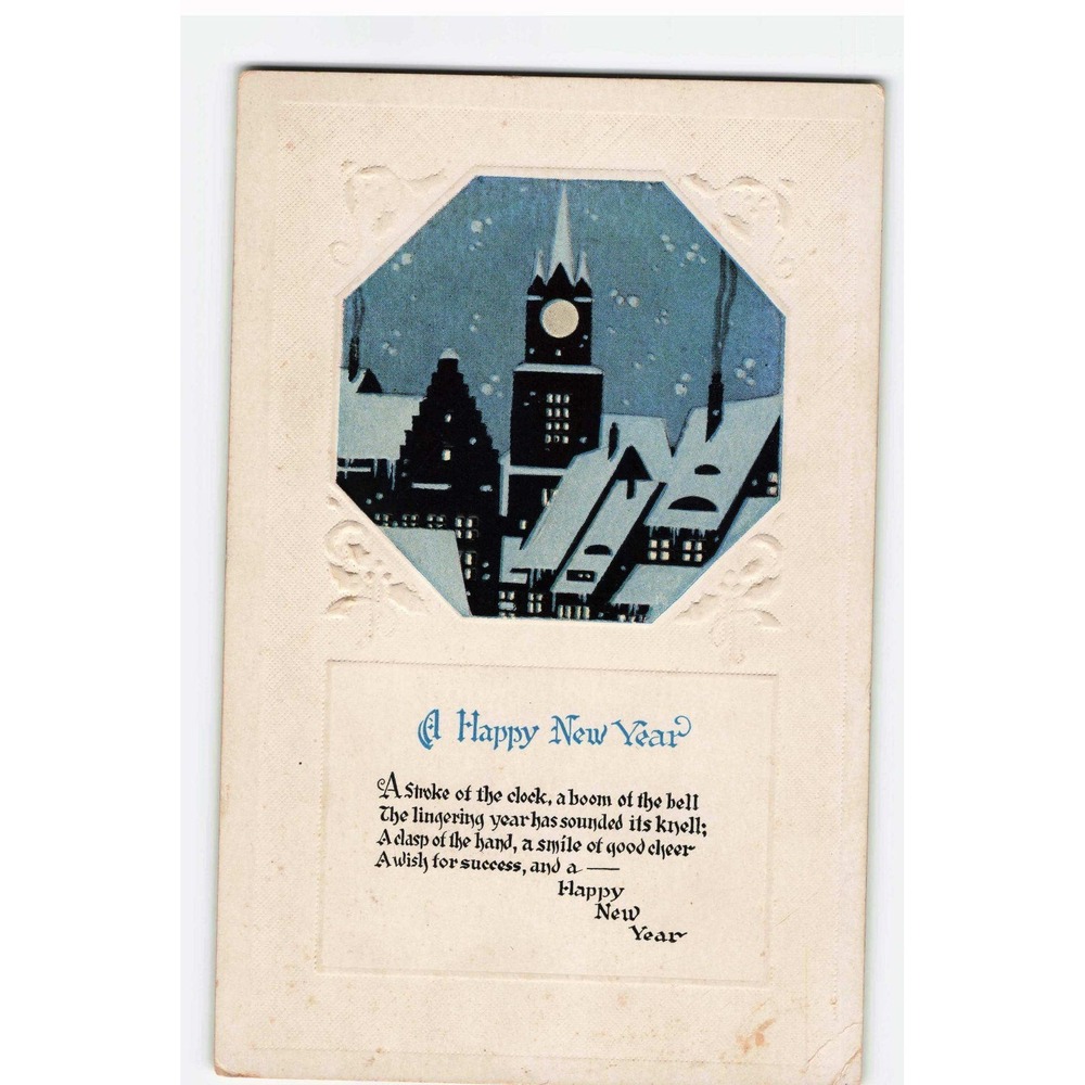 Vintage Happy New Year Postcard Snowy Night Clock Tower Embossed C336 USA